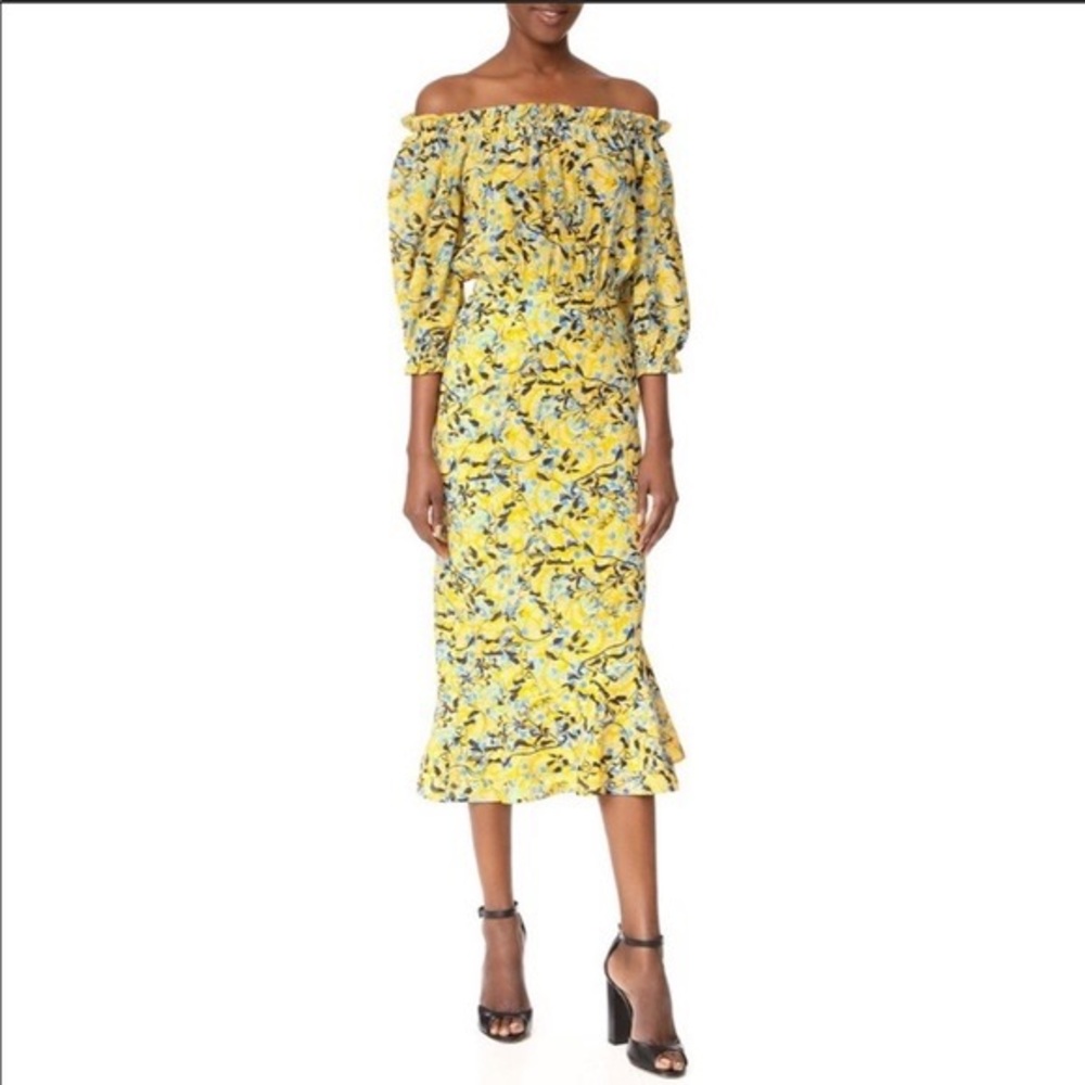 Saloni Grace Yellow Floral Off The Shoulder Silk Midi Dress